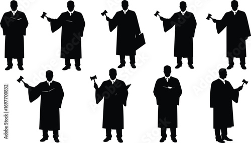 Judge Silhouettes with Gavels in Various Poses Wearing Judicial Robes