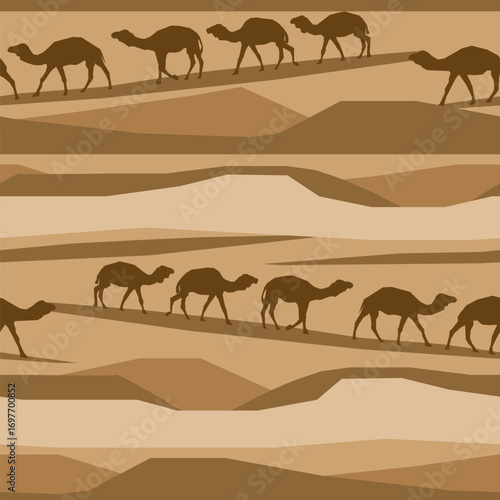 Vector seamless pattern with a line of camels in the desert