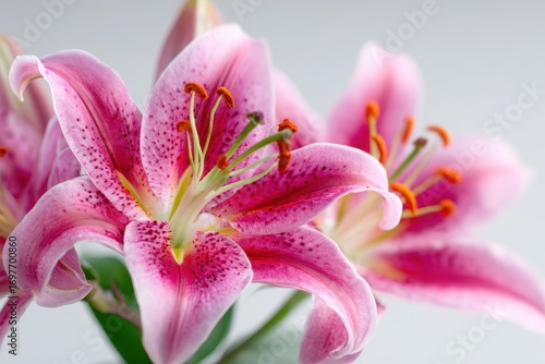 Stargazer Lily. Close Up of Beautiful Pink Blooms on White Background