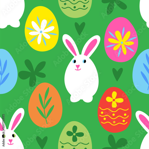 Vector seamless pattern with Easter bunnies and eggs