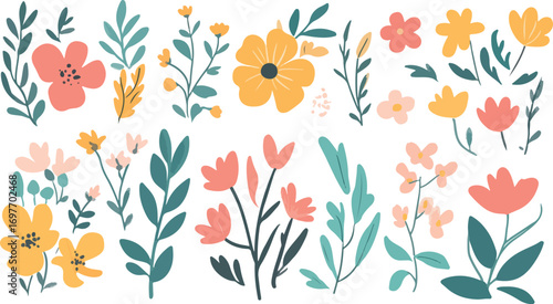 Collection of delicate hand drawn floral elements with colorful flowers and green leaves in a whimsical style