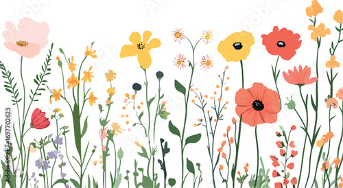 Vibrant watercolor illustration of a diverse field of wildflowers in bloom with a white background