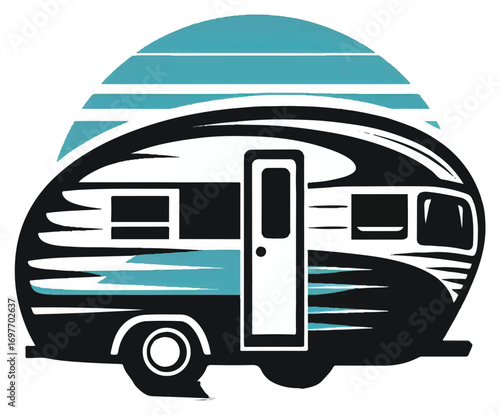 A stylized graphic illustration of a vintage travel trailer set against a striped, circular background, evoking adventure and nostalgia.
