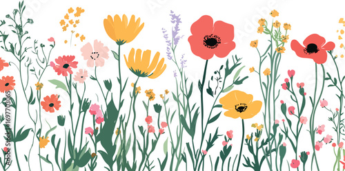 Vibrant watercolor painting of diverse wildflowers in a meadow with delicate green stems and leaves