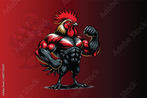 Mighty muscular rooster mascot flexing biceps strong poultry character