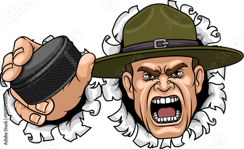 An angry drill instructor or sergeant bootcamp army soldier cartoon character holding hockey puck ice hockey sports team mascot illustration.