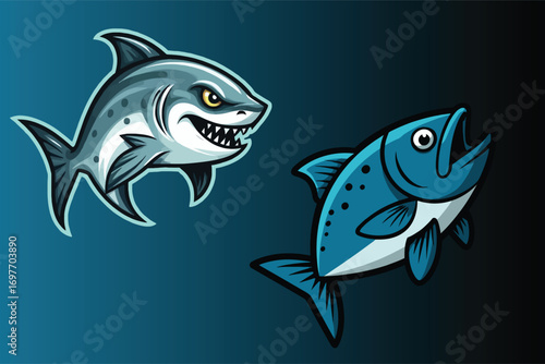 Mascot logo fierce shark faces off against plucky fish