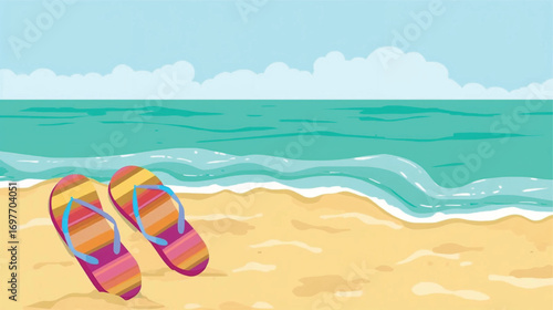 Summer beach scene with colorful flip flops on sandy shore, gentle waves, vector illustration for banners, cards, invitations, and sales. Ai Generate