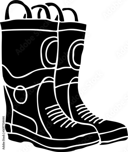Silhouette of Firefighter Boots. Vector of Fireman shoes. Icon of a fireman boots. Safety Boots silhouette. Silhouette design illustration of airport firefighter boots with high thermal collar. 