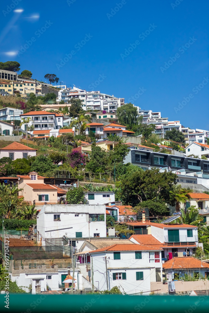Fototapeta premium view of the Madeira island from the hill, Portugal. Seafront houses of Funchal. High quality photo