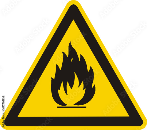 Fire warning sign. Flammable symbol. Yellow triangular warning sign with black flames symbol. Flammable materials or fire hazard sign. Fire safety icon. Fire caution alert. 