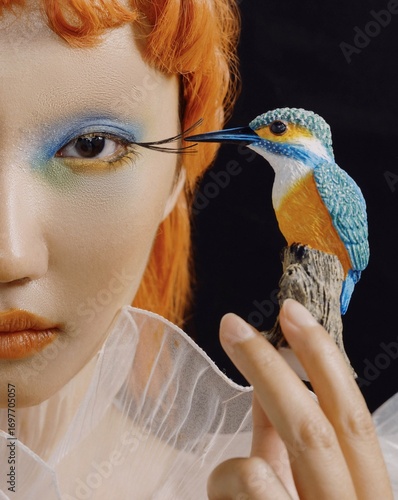 Photography Portrait of a woman with colorful makeup and a stylized bird in a modern setting