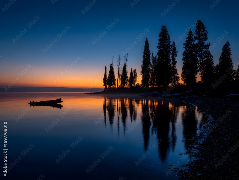 Obraz premium Landscape of Lake and Trees at Dusk