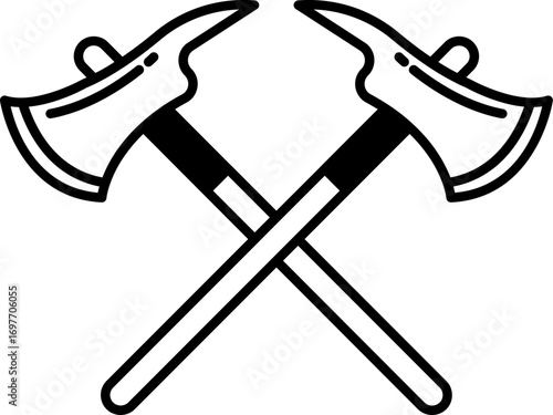  Two cross Fire Axe icon line art vector. Crossed Hatchets. Two Crossed Axes Ready for Chopping Wood. Axes line icon, weapon and tool, crossed axes sign, vector graphics, a linear pattern.