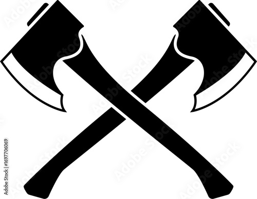  Two cross Fire Axe silhouette vector. Two crossed black axes with sharp, curved blades and long wooden handles. Crossed axes silhouette. This image shows two black axes crossed at their handles. 