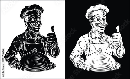 Black and white vintage woodcut style illustration of cheerful chef presenting a cloche platter tray plate. For restaurant branding, menu design, or culinary themed packaging.