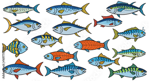 Collection of colorful cartoon fish illustrations.