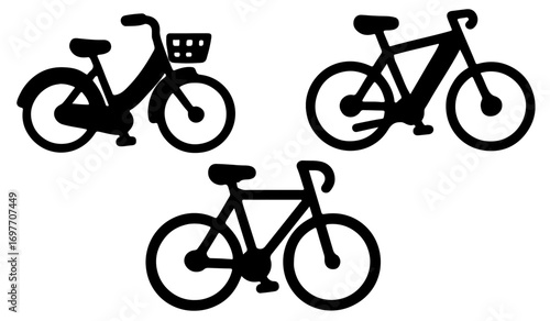 Three stylized black silhouette bicycles on a transportation, cycling, sport, recreation, white background