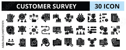 30 Customer Survey Glyph Icons Vector - Surveyor, Interview, Validity, Random Sampling, Research, Participant, Online Survey, Query