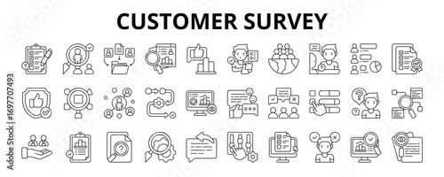 30 Customer Survey Line Icons Vector - Surveyor, Interview, Validity, Random Sampling, Research, Participant, Online Survey, Query