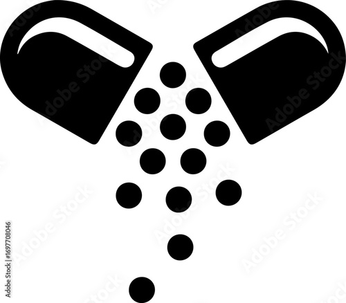 Open capsule releasing small pellets or granules