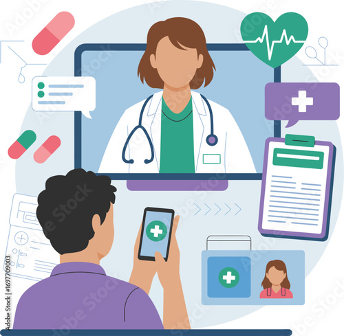 Telemedicine healthcare consultation patient online doctor virtual medical appointment remote care illustration