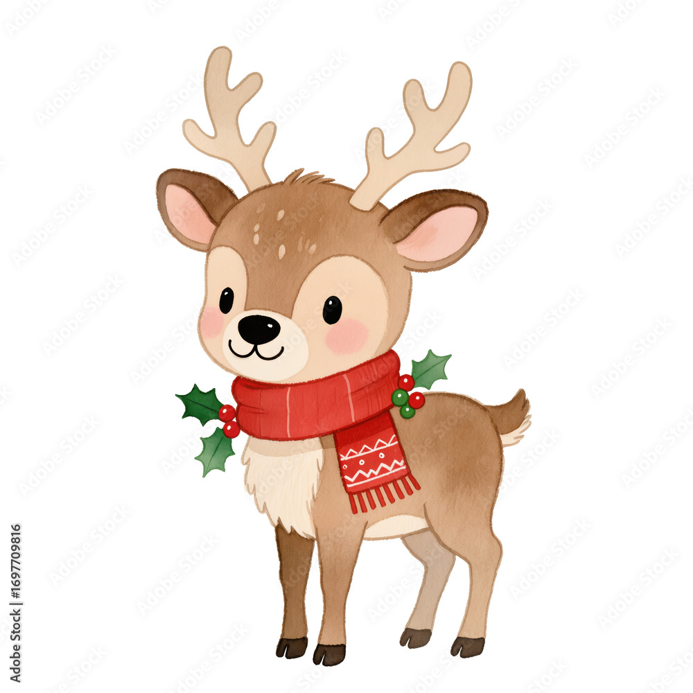 Fototapeta premium Christmas cartoon reindeer wearing red scarf and holly leaves, isolated on transparent background. Cute festive animal illustration for winter holiday design.