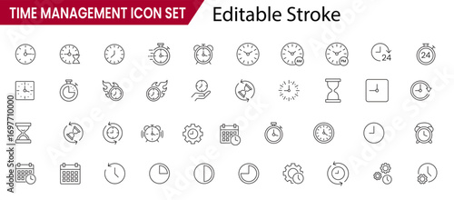 Set of editable stroke time management icons with clocks, calendars, timers, hourglasses, alarms, and productivity symbols isolated on white background, vector illustration pack