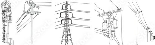 Electrical poles in a field. Vector illustration. Black-and-white illustration.