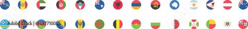Round world flag icons collection in flat vector style. Includes national symbols from multiple countries for international design. Perfect for education, travel, and global projects.