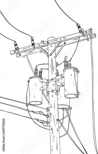 An electrical pole with a transformer box. Vector illustration. Black-and-white illustration.
