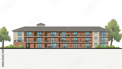 Architectural drawing of a three-storey college dormitory building with balconies and landscaping 