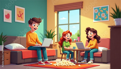 Three cheerful friends are working on laptops, sitting in a bright student dormitory room with snacks 
