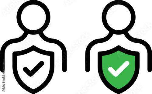 Two person icons with shields and checkmarks representing security