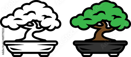Stylized bonsai tree illustration in black and white and color