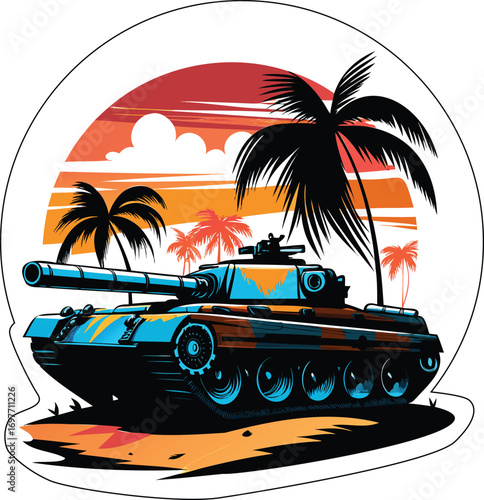 Retro Military Tank Vector at Tropical Sunset – Armored Vehicle Sticker with Palm Trees