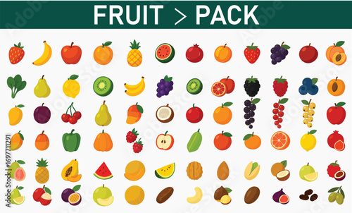 100 Fruit Vector Icons Pack – Colorful Flat Clipart for Food, Nutrition, Menu & Packaging Design