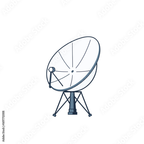 Vector illustration of satellite dish antenna with parabolic curve, bold outline, flat style, perfect for science, technology, and communication projects.
