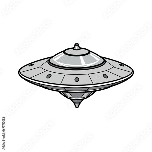 Flat vector metallic UFO flying saucer with bold outline, perfect for science fiction, alien invasion concepts, and creative space themed illustrations.