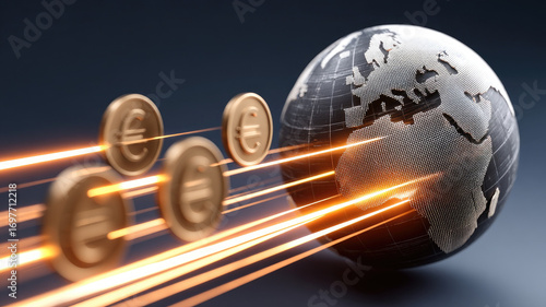 Cross border payment digital globe euro coin global finance technology fast transaction international currency futuristic business concept. Digital euro coins move rapidly toward metallic globe
