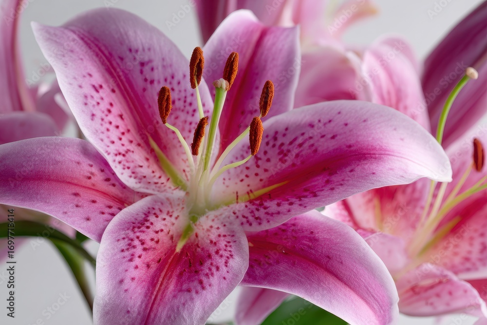 Fototapeta premium Stargazer Lily. Close Up of Beautiful Pink Blossoms on White Background
