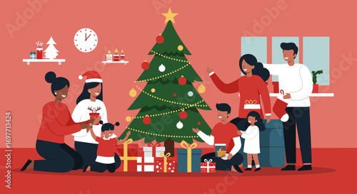 A heartwarming Flat Design vector illustration depicting a diverse family enjoying a festive Christmas celebration, gathered around a beautifully decorated tree with gifts.