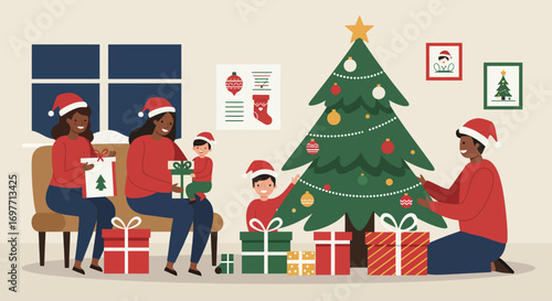 A heartwarming Flat Design vector illustration depicting a diverse family enjoying a festive Christmas celebration, gathered around a beautifully decorated tree with gifts.