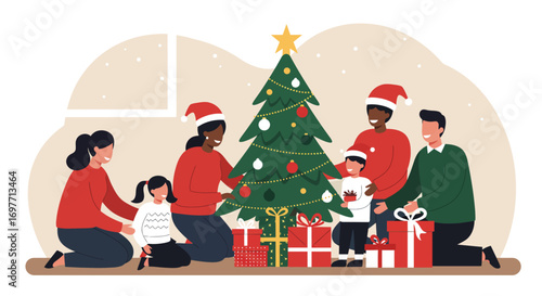 A heartwarming Flat Design vector illustration depicting a diverse family enjoying a festive Christmas celebration, gathered around a beautifully decorated tree with gifts.