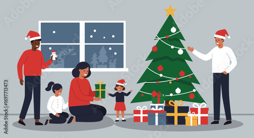 A heartwarming Flat Design vector illustration depicting a diverse family enjoying a festive Christmas celebration, gathered around a beautifully decorated tree with gifts.
