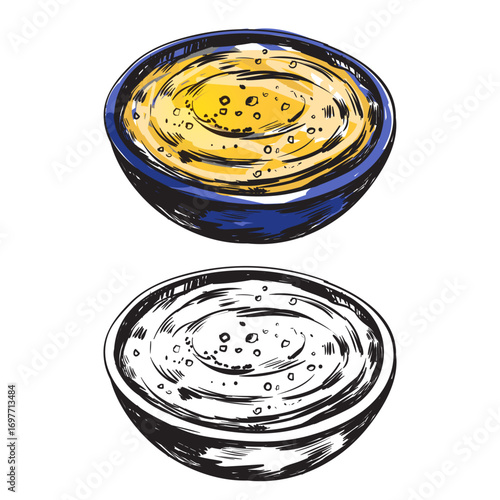 Rich creamy spread with peanut garnish in an artistic clay bowl, appetizing illustration