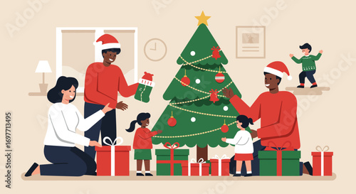 A heartwarming Flat Design vector illustration depicting a diverse family enjoying a festive Christmas celebration, gathered around a beautifully decorated tree with gifts.