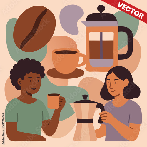 Brew with Fresh Coffee Beans and Brewing Tools vector illustration