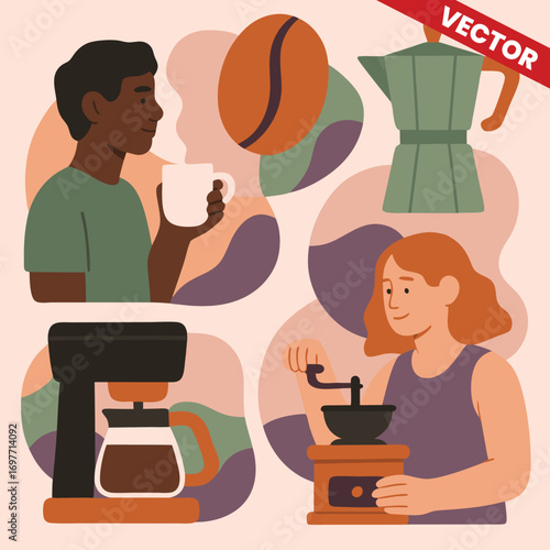 Coffee Beans and Brewing Kit vector illustration