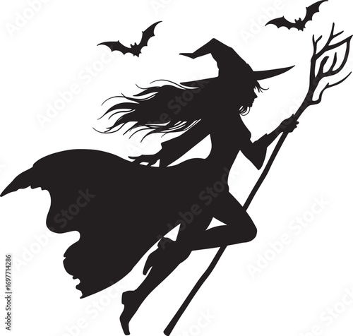 Flying Witch Silhouette with Bats